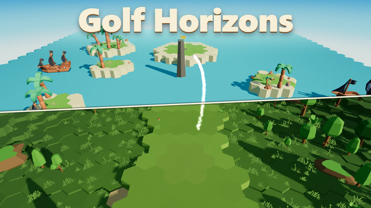 Golf Horizons: a golf ball's trail rising from a spring meadow toward an island green