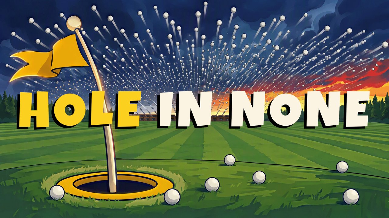 A golf hole with a yellow flag on a driving range, a sky full of golf balls flying at it, under the title Hole In None
