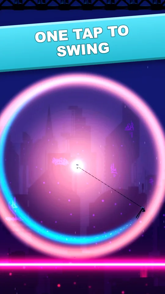 Henry swinging on his rope around a glowing ring, captioned One tap to swing