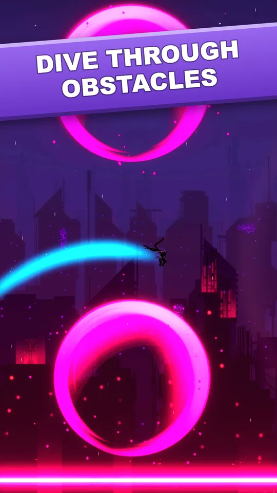 Henry diving between two neon rings, captioned Dive through obstacles
