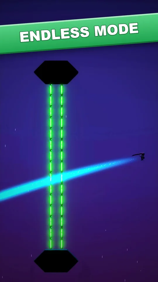 Henry flying past a green laser gate, captioned Endless mode