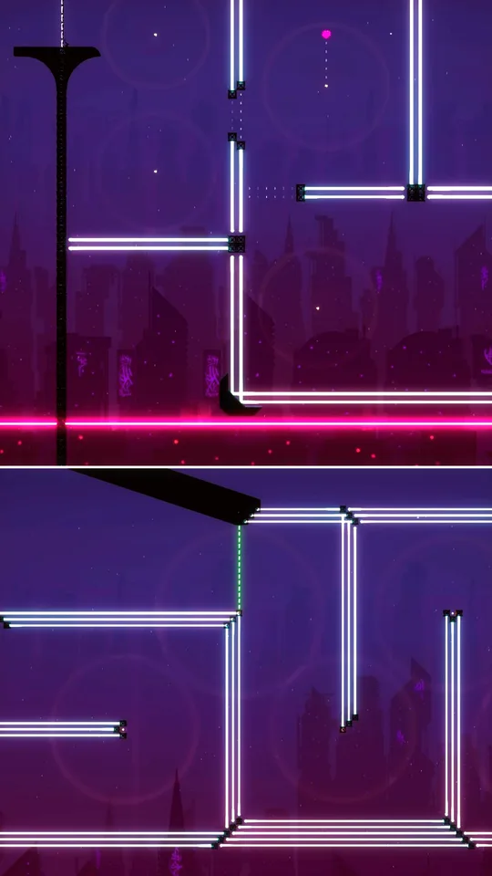 Two levels of neon pipes and girders above the city