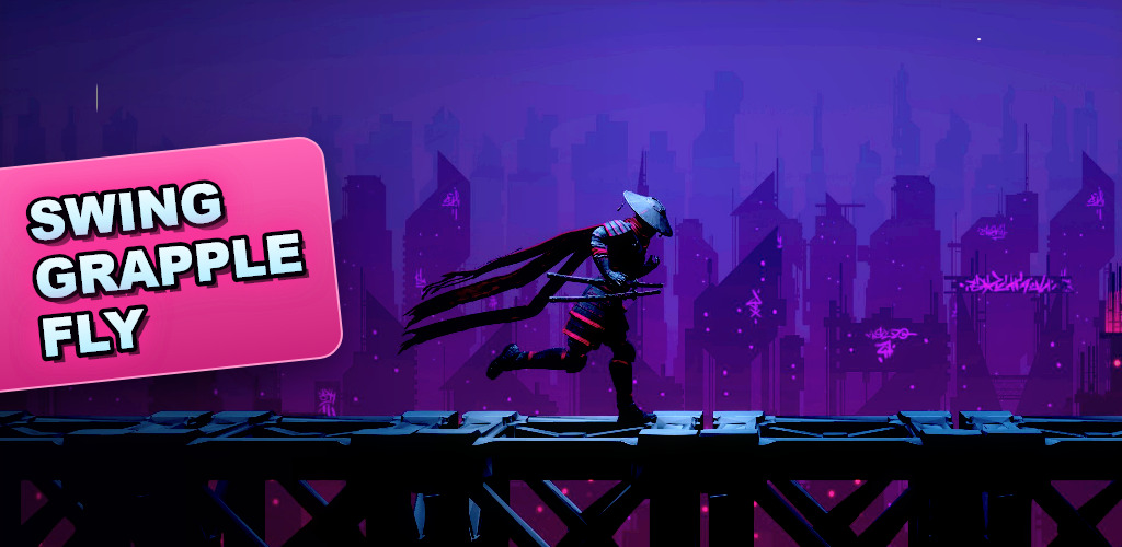 Hookshot Henry running along a steel girder above a neon city